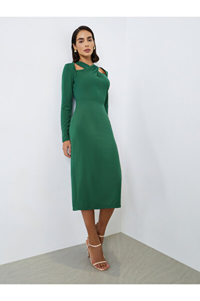 Styli Green Criss-Cross Front Midi Dress