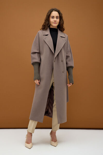 KENT Açık Vizon Triko Manşetli Kuşaklı Uzun Oversize Kaşe Kaban