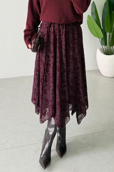 ECEMİ Porte Mürdüm Desenli Asimetrik Tül Etek