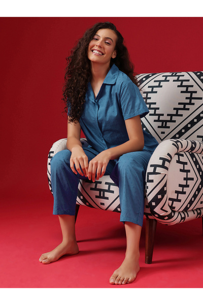Clovia By Styli Dobby Weave Buttoned Shirt and Pyjama Set