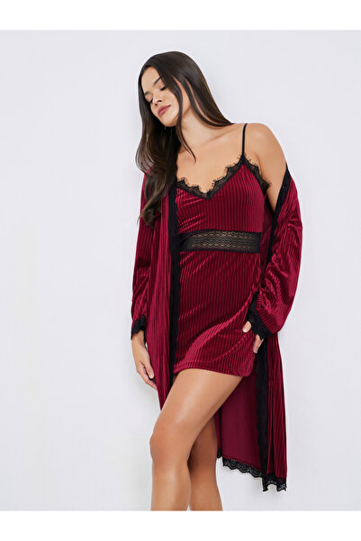 Styli Ribbed Velvet Contrast Lace Trim Slip Dress with Robe