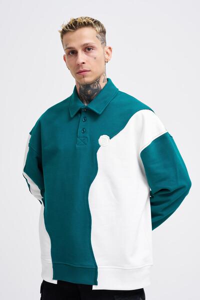 Machinist Erkek Distressed Stitch And Embroidered Polo Petrol Yeşili Ekru Swe...