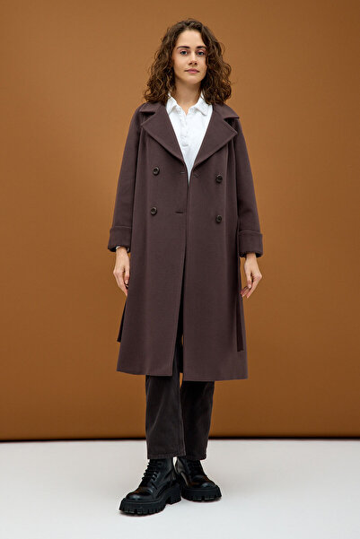 KENT Koyu Kahverengi Çift Düğmeli Cepli Kuşaklı Uzun Kaban