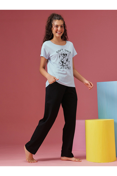 Clovia By Styli Graphic Print T-Shirt and Pyjama Set 100% Cotton