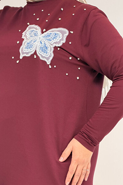 Eslina 58172 Plus Size Stone Print Detailed Crystal Tunic - Burgundy