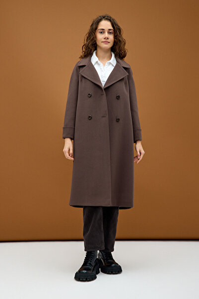 KENT Vizon Çift Düğmeli Cepli Kuşaklı Uzun Kaban