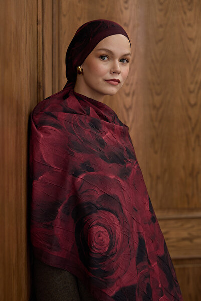 Moda Mevsimi İpekhan Bordo Serisi Desenli Kraş Şal 7005