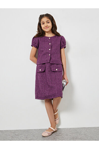 Styli Teens Purple Tweed Top and Skirt Set