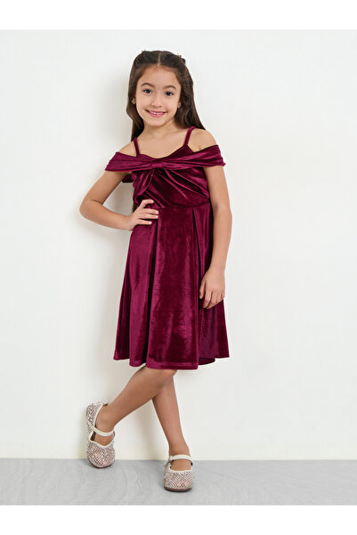 Styli Girls Burgundy Velvet Cold Shoulder Dress