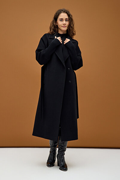 KENT Siyah Triko Manşetli Kuşaklı Uzun Oversize Kaşe Kaban