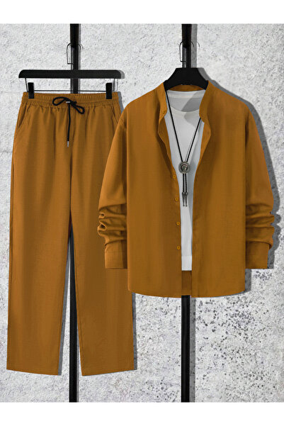 Take Two By Styli Men Copper Stand Collar Shirt and Pants Co-Ords