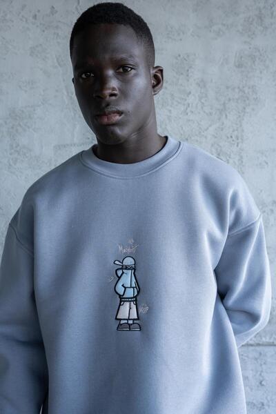 Machinist Мъжка блуза с качулка и бродерия с талисман, синьо-дим