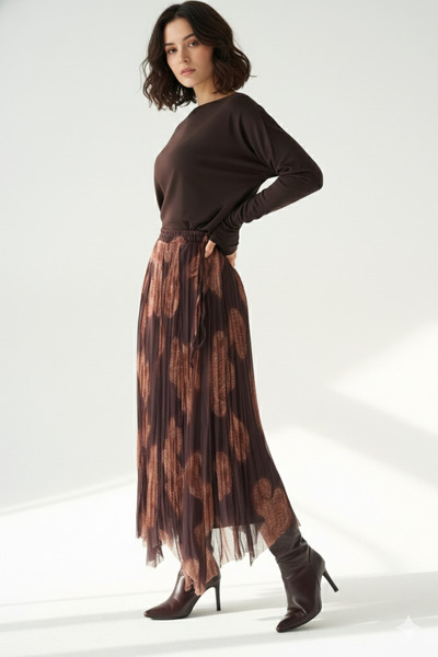 My Blog Brown Ethnic Patterned Lined Chiffon Skirt - 251102