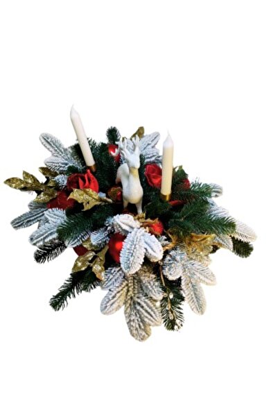 OEM Premium Christmas Arrangement in Golden Bamboo Basket with Snowy Fir, Gold Candle Holders & Red Velv