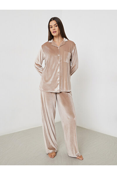 Styli Velvet Button Placket Shirt and Pyjama Set