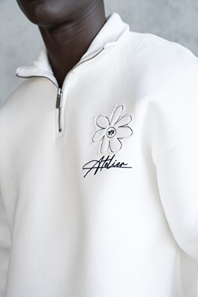 Machinist Hanorac pentru bărbați cu broderie florală cu gât înalt tricou Ecru