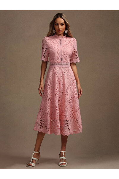 Take Two By Styli Women Pink All-Lace Midi Dress