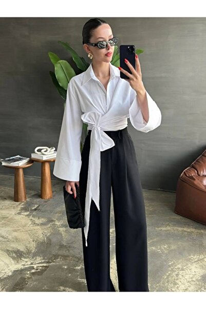 ADİL GÜNER KUŞAK BAĞLAMA DETAYLI BEYAZ GÖMLEK