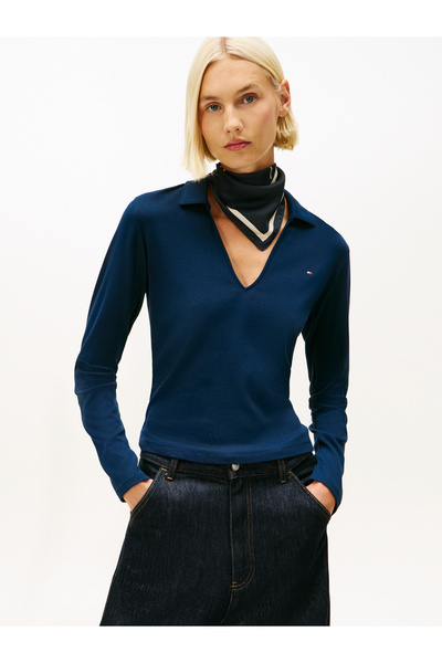 Tommy Hilfiger Women Navy Slim Fit Long Sleeve Polo T-Shirt