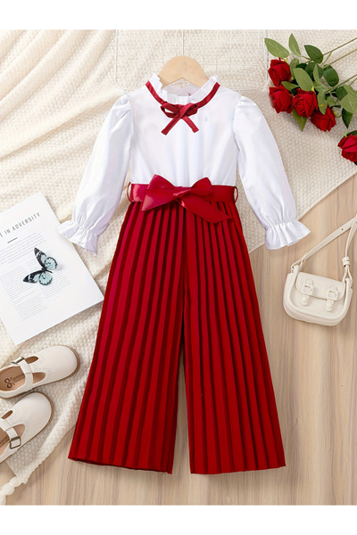 Take Two By Styli Girls Ruffle Hem Bow Detail Top with Pleated Wide Leg Pants Set