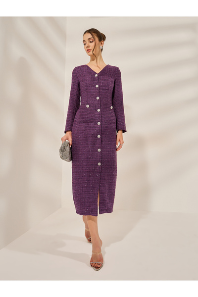 Styli Purple Embellished Tweed Midi Dress