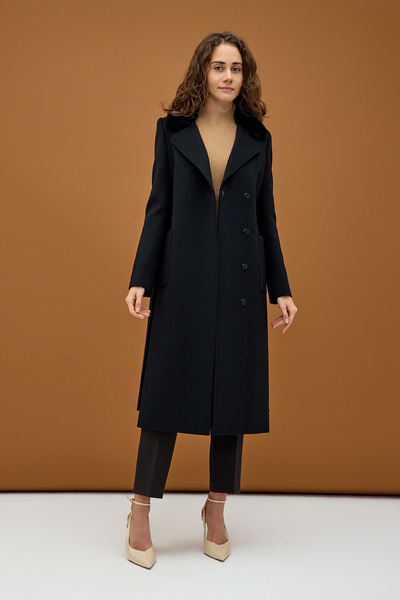 KENT Siyah Kürk Yakalı Klasik Uzun Kaşe Kaban