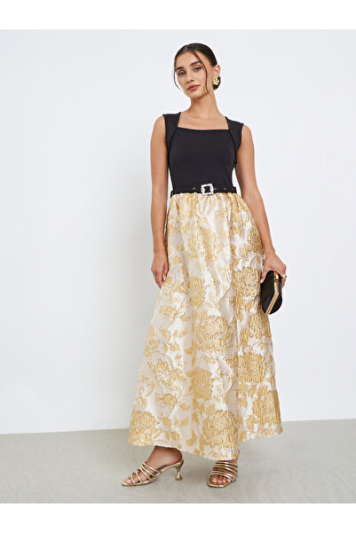 Styli Beige Floral Belted Sleeveless Maxi Dress