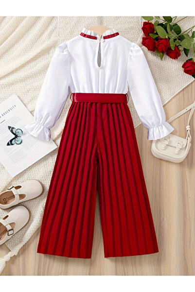 Take Two By Styli Girls Ruffle Hem Bow Detail Top with Pleated Wide Leg Pants Set