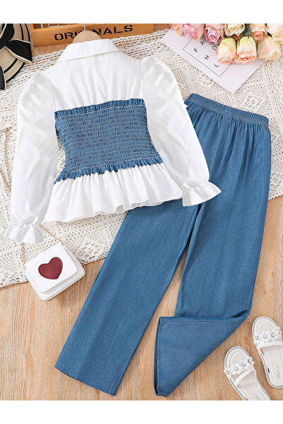 Take Two By Styli Girls Smocking Detail Ruffle Hem Top with Pants Set