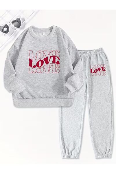 AEMİ Unisex Love Printed Crew Neck Sweatshirt and Jogger Sweatpants - Bottom Top Set