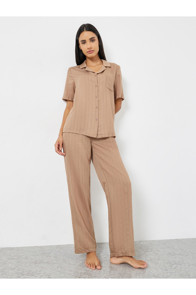 Styli Textured Striped Buttoned Viscose Shirt and Pyjama Set