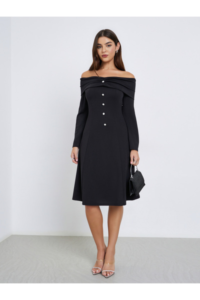Styli Black Off-Shoulder A-Line Knee-Length Dress