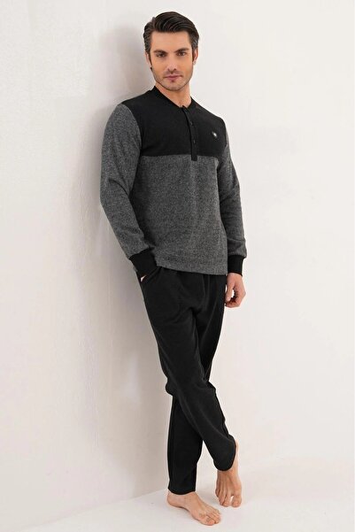 PREGNANT WORLD Men's Grey-Black Design Thessaloniki Fabric Winter Plus Size (Oversized) Pajama Set