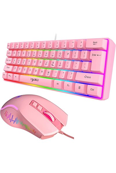 HXSJ مجموعة لوحة مفاتيح مضيئة سلكية مكونة من 61 مفتاحًا، ماوس ألعاب مكتبي، لوحة مفاتيح مضيئة (وردي)