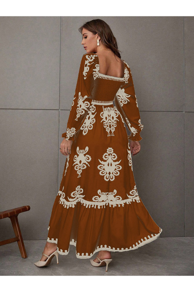 Take Two By Styli Women Bronze Printed Square Neck Maxi Dress