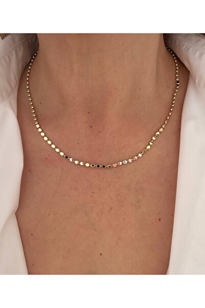 Esmeray Aksesuar Çelik Gold Renk Lazer Kesim Ezme Top Zincir Kolye Uzunluk 45...