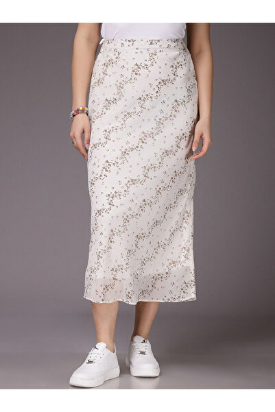 Freehand By Styli White Fitted Ditsy Printed Midi Skirt