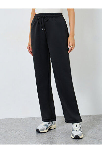 Styli Black Solid Wide Leg Knit Joggers