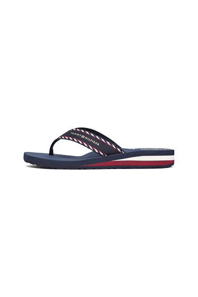 Tommy Hilfiger Women Blue Jacquard Webbing Strap Wedge Flip Flops
