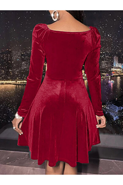 Take Two By Styli Women Red Velvet Look V-Neck Mini Dress