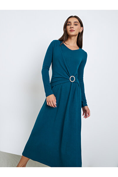 Styli Teal Embellished Buckle A-Line Midi Dress