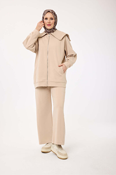 My City 6084 - Stylish Comfortable Cotton Wide Collar, Stone Detailed Pants Long Jacket Set