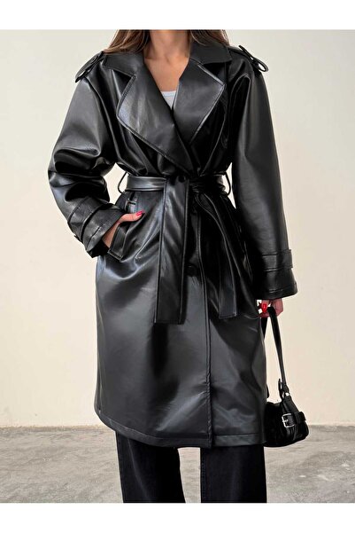 mydukkan.co Leather Trench Coat with Epaulet Detail