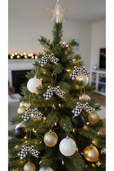 KOTYORAHOMEDESİGN Noel çam Ağacı Süsü 6 lı damalı fiyonk Gold Püsküllü Siyah ...