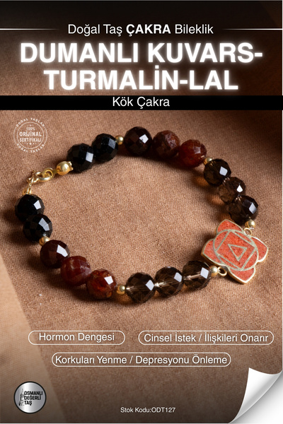 OSMANLI DEĞERLİ TAŞ Sertifikalı DUMANLI KUVARS-TURMALİN-LAL Doğal Taş Altın K...