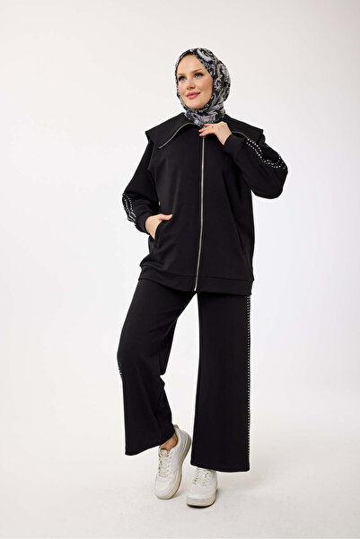 My City 6084 - Stylish Comfortable Cotton Wide Collar, Stone Detailed Pants Long Jacket Set