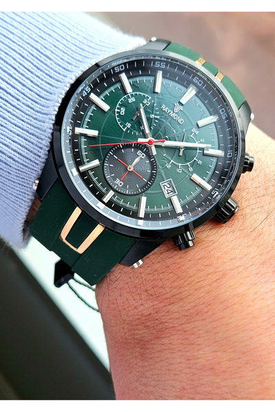 Raymond Rym-4591 quartz silicone men's watch - 2 years warranty bk-green
