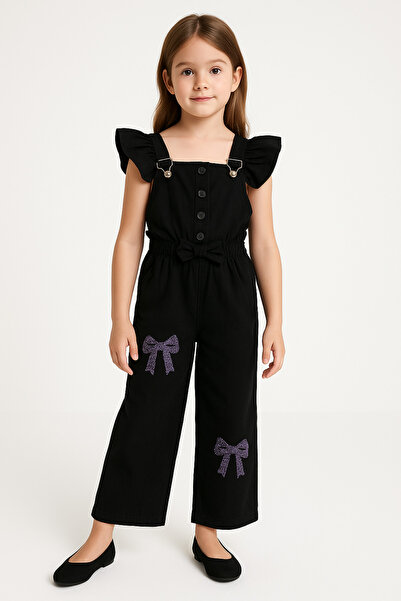 mini kanka Girl's Ruffled Jean Jumpsuit – Piped , High Waist, Ribbon Detail 5...