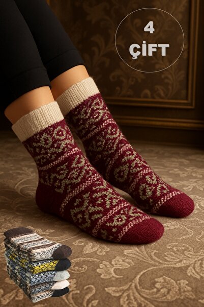 Onouqo 4 Çift Etnik Desenli Kışlık Kadın Örgü Çorap ( Desenler Karışık Gelir )