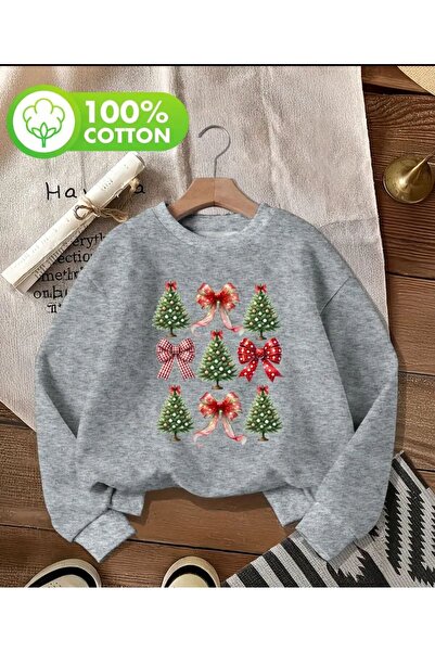 herkesemoda Christmas Tree Print Detailed Crew Neck Sweatshirt